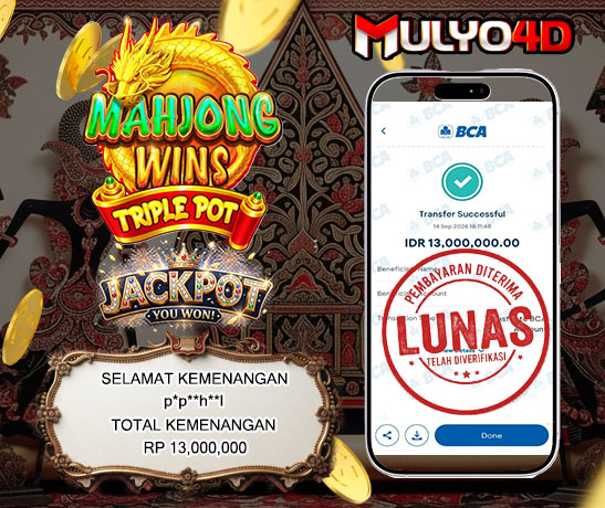 14 Sep 2026, Pukul 18:11:48 WIB, Selamat JP Mahjong Wins Triple Pot Mulyo4d Rp. 13,000,000